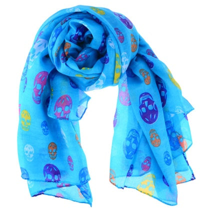 Fashion Colorful Skull Head Printed Voile Scarves Shawl - Blue